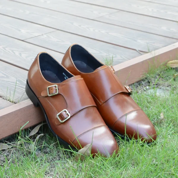 Luxury Men's Wedding Formal Shoes Genuine Leather Pure Brown Black Double Buckle Monk Strap Cap Toe Business Office Dress Shoes - Image 4