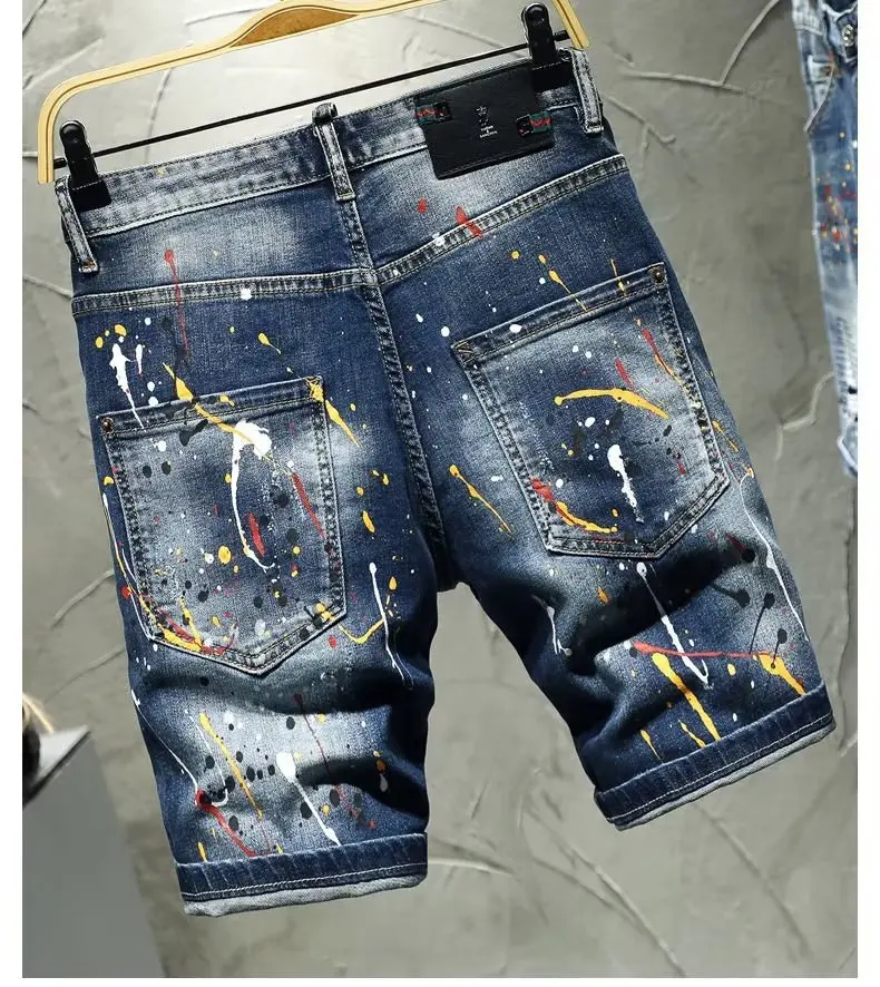 Fashion Luxury Brand Korean Streetwear Ink Dot Hand-decorated Men's Jeans Y2K Vintage Slim Ripped Jorts Distressed Denim Shorts - Image 6