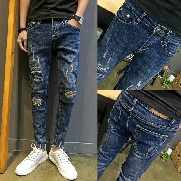 Wholesale 2022 Fashion Denim Pants Men's Boys Small Feet Ripped Holes Cropped Jeans Thin Men's Social Men Beggar Pencil Pants