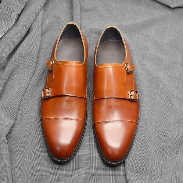 Luxury Men's Wedding Formal Shoes Genuine Leather Pure Brown Black Double Buckle Monk Strap Cap Toe Business Office Dress Shoes - Image 3