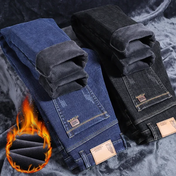 New Winter Men Fleece Warm Jeans Classic Style Business Casual Thicken Velvet Slim Denim Pants Brand Trousers Male Size 28-42