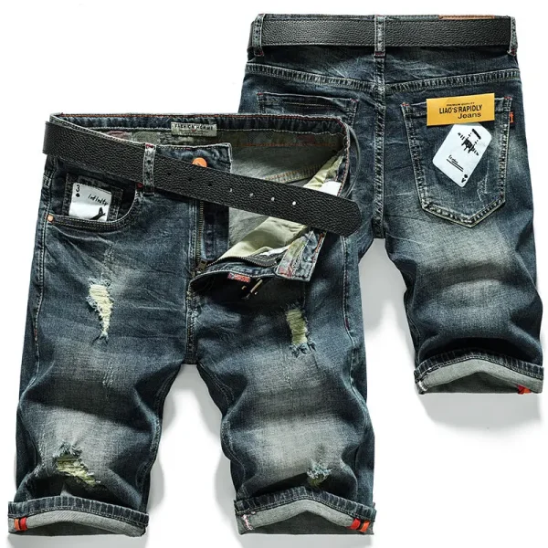 Men's Summer Straight Denim Jeans Shorts Casual Ripped Washed Hip Hop Cowboy Stretchy Mid-length Knee Pants Men's Denim Shorts - Image 3