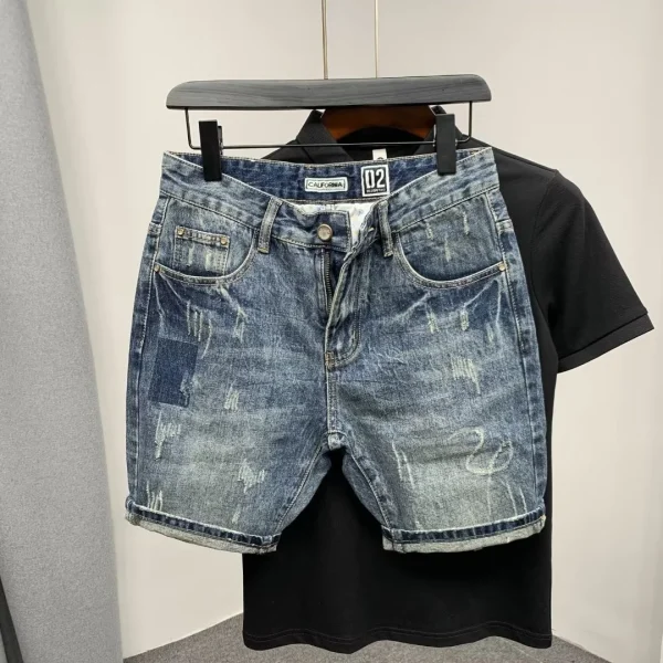 New Summer Men Fashion Simple Denim Pants Cat Beard Social 5 Points British Slim Fit Jeans Shorts