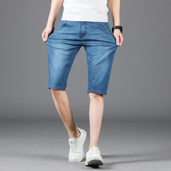 New Summer Men's Denim Shorts Fashion Solid Color Casual Loose Multi-pocket Straight Five-minute Pants Elastic Knee Denim jorts - Image 5