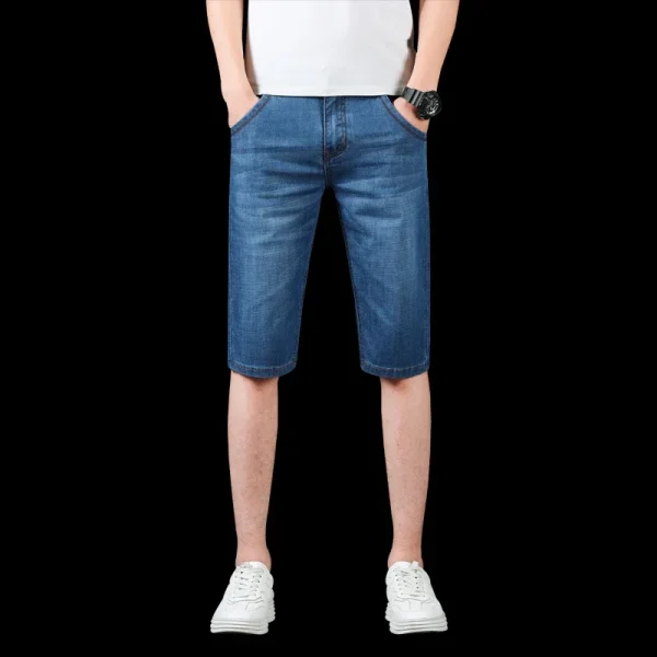 New Summer Men's Denim Shorts Fashion Solid Color Casual Loose Multi-pocket Straight Five-minute Pants Elastic Knee Denim jorts - Image 4