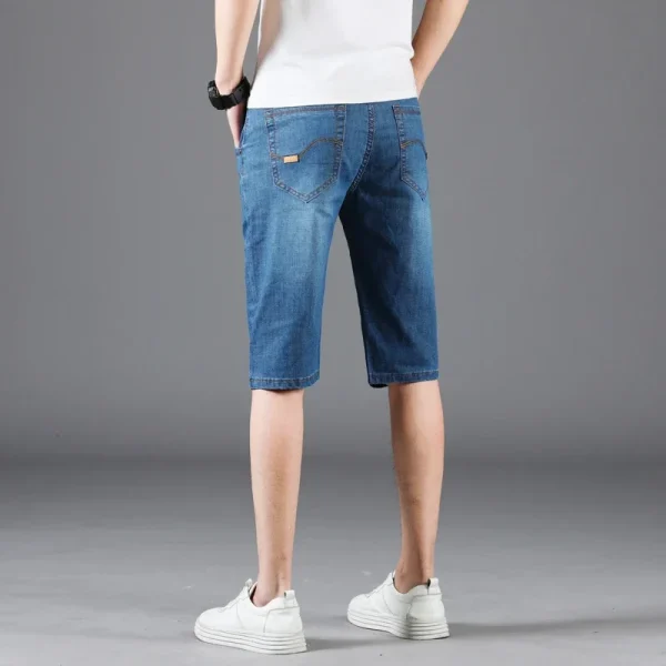 New Summer Men's Denim Shorts Fashion Solid Color Casual Loose Multi-pocket Straight Five-minute Pants Elastic Knee Denim jorts - Image 3