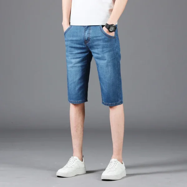 New Summer Men's Denim Shorts Fashion Solid Color Casual Loose Multi-pocket Straight Five-minute Pants Elastic Knee Denim jorts - Image 2