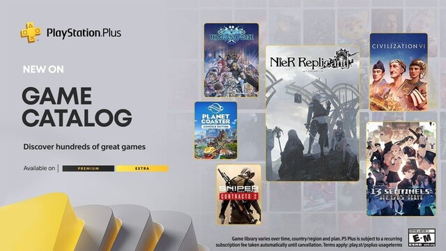 PlayStation Plus Game Catalog additions featuring Nier Replicant, Planet Coaster, Sniper Contracts 2, Civ 6, 13 Sentinels, 