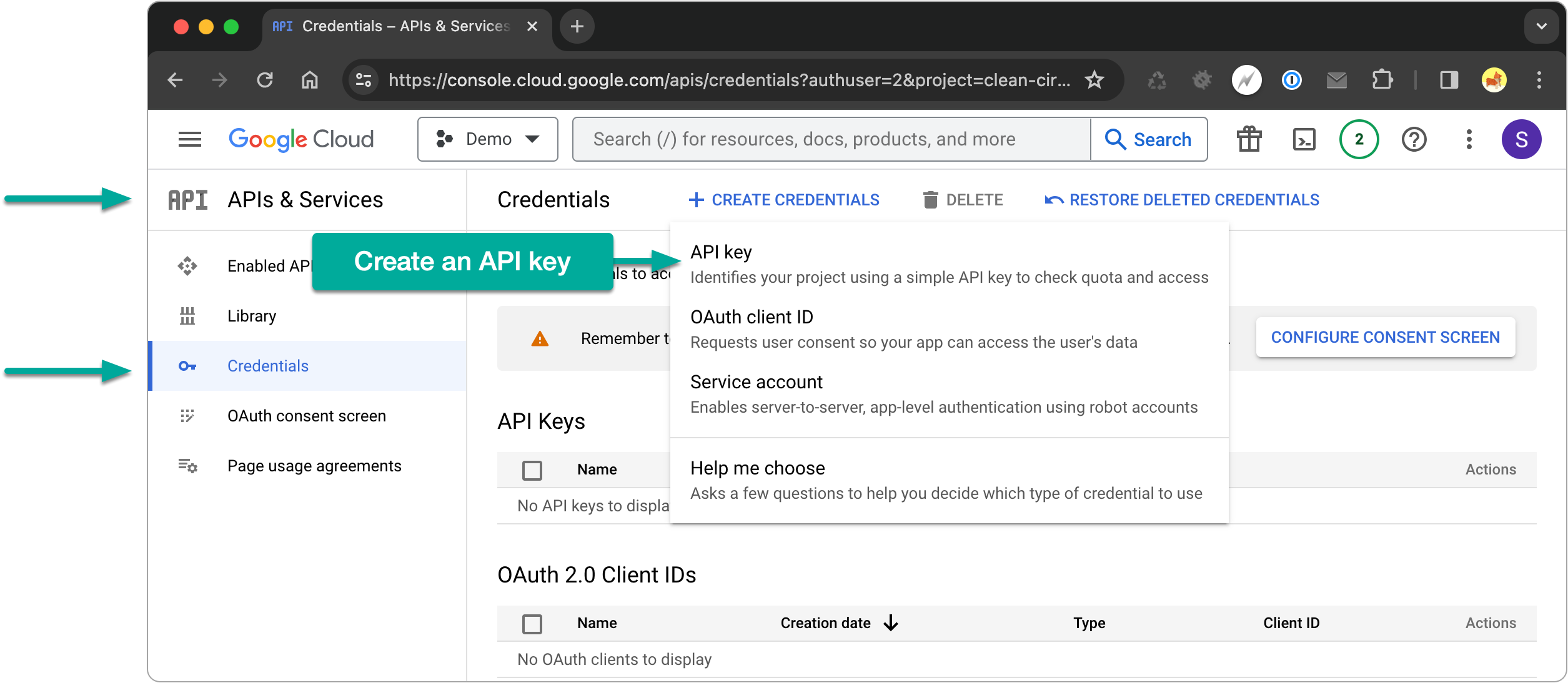 Creating an API key in the Google Cloud console