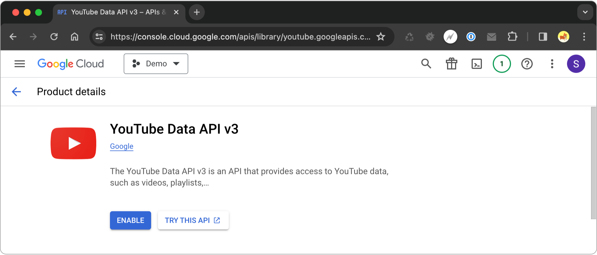 Enable the YouTube Data API in the Google Cloud Console