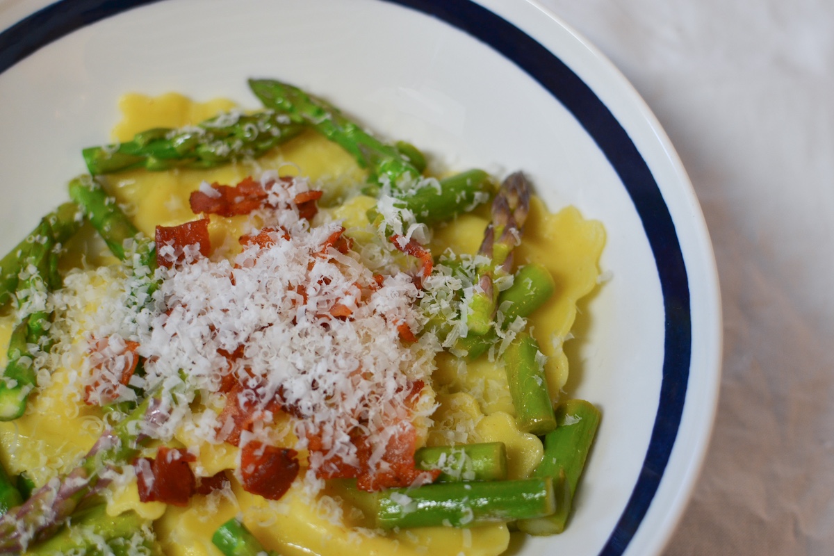 Cheese Ravioli with Bacon and Asparagus - Marc Eats