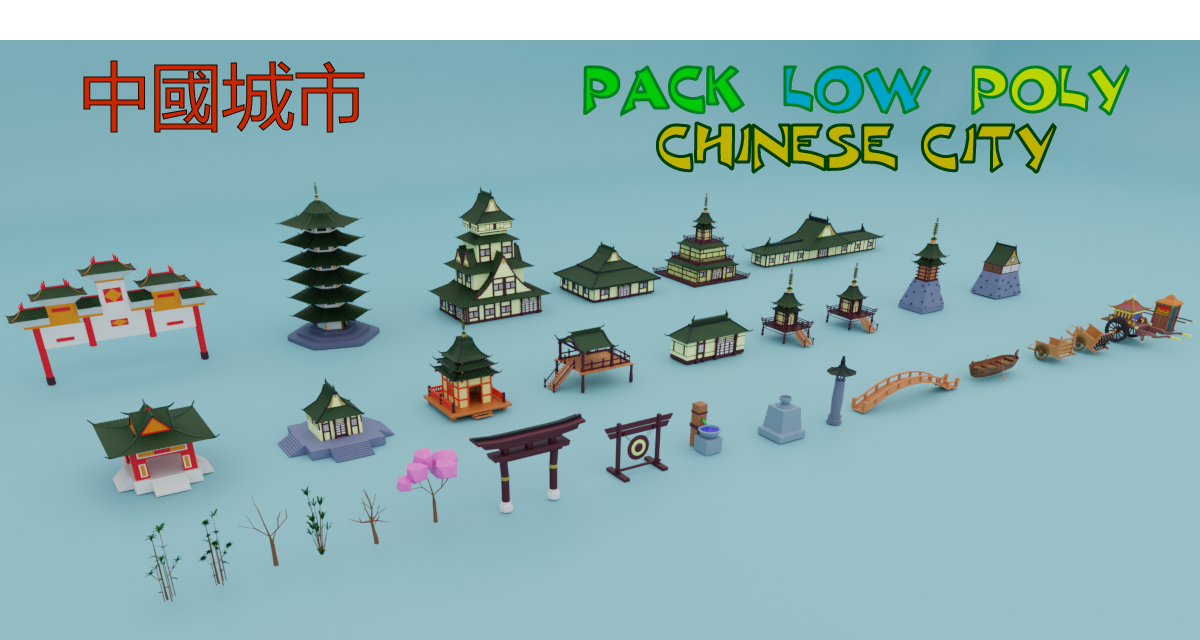 Pack low poly chinese city Blender Market