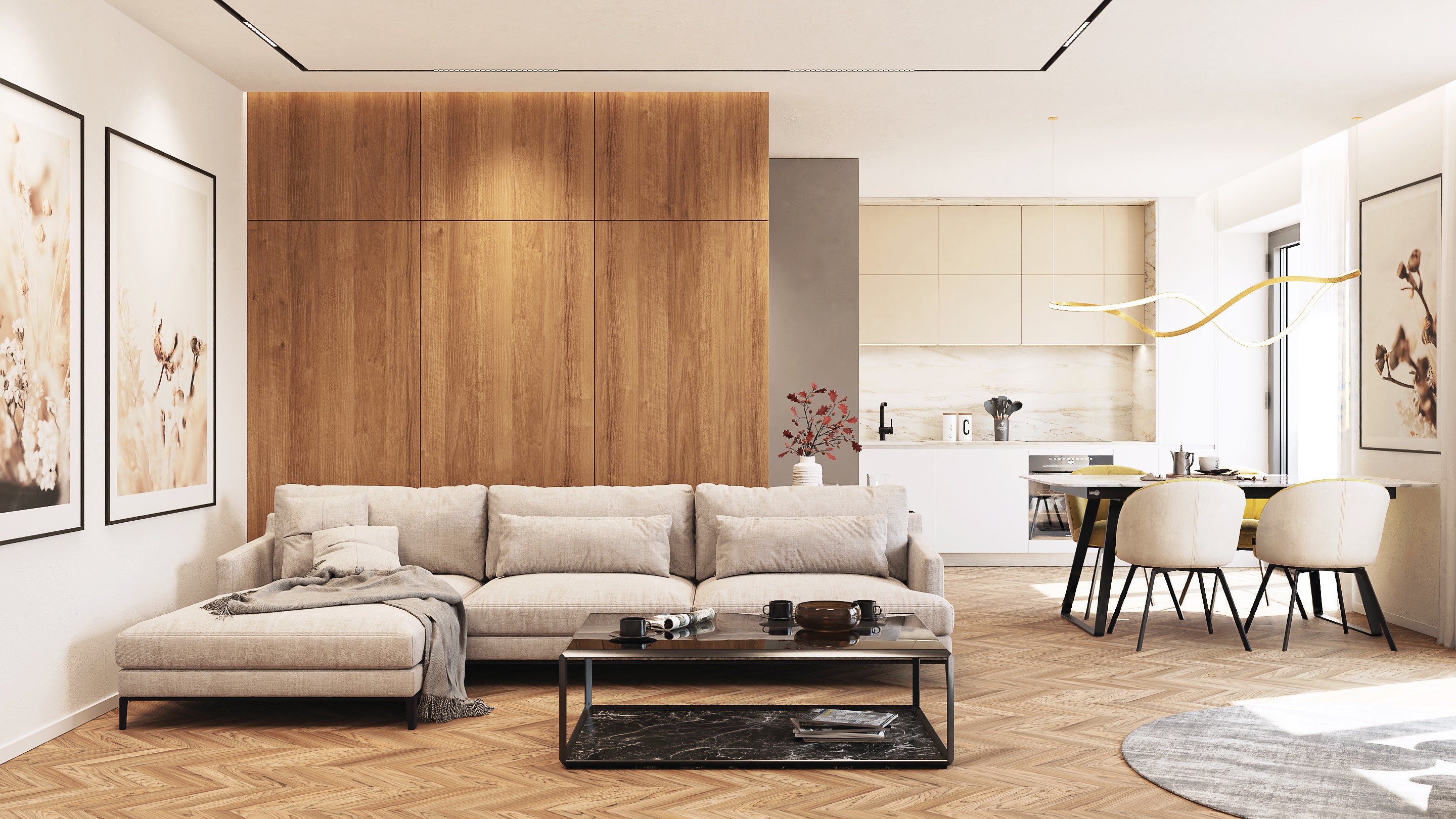 Modern small apartment scene living room + kitchen Blender Market