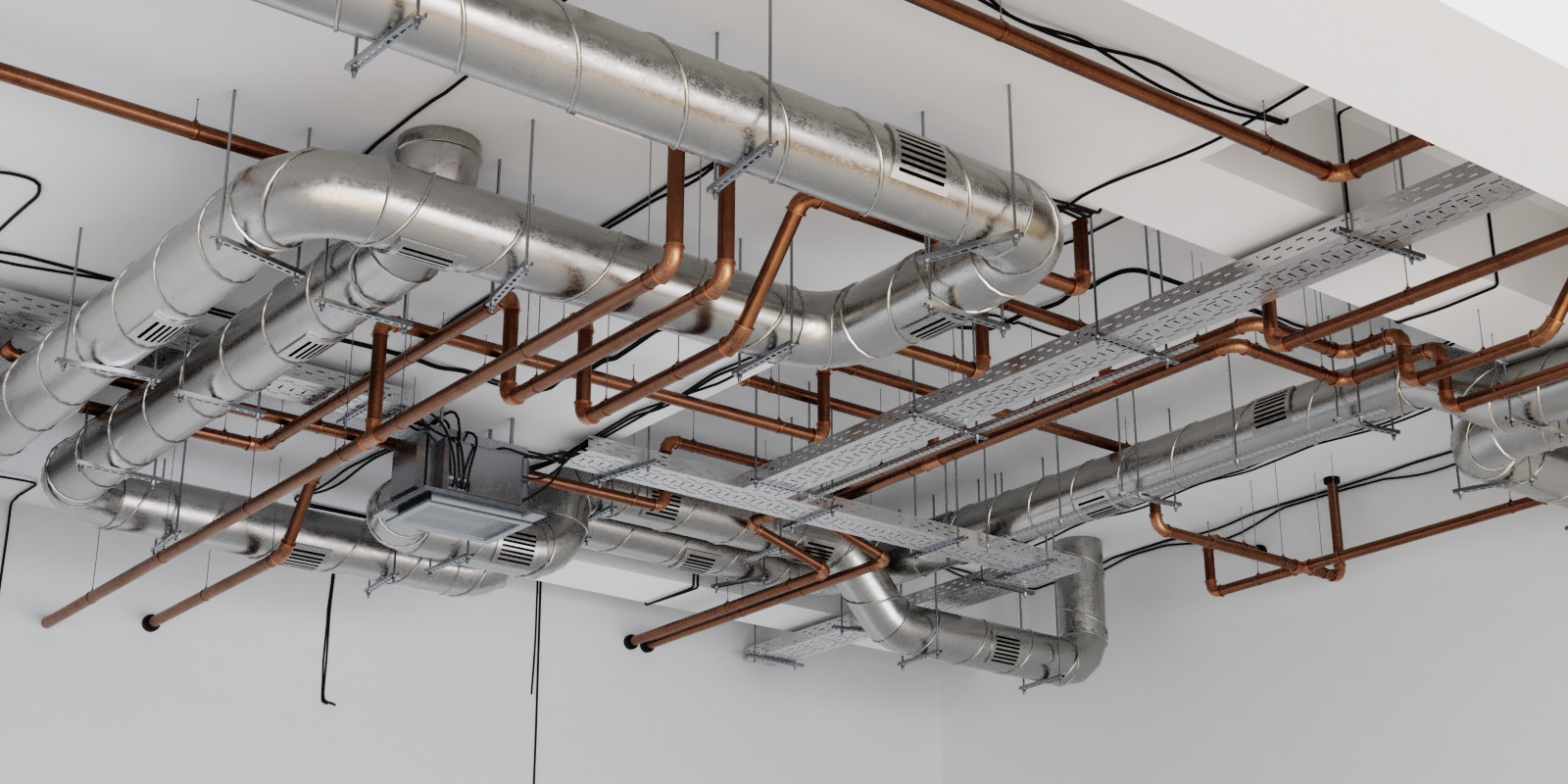 Industrial ceiling roof with air conditioner ceiling pipes and