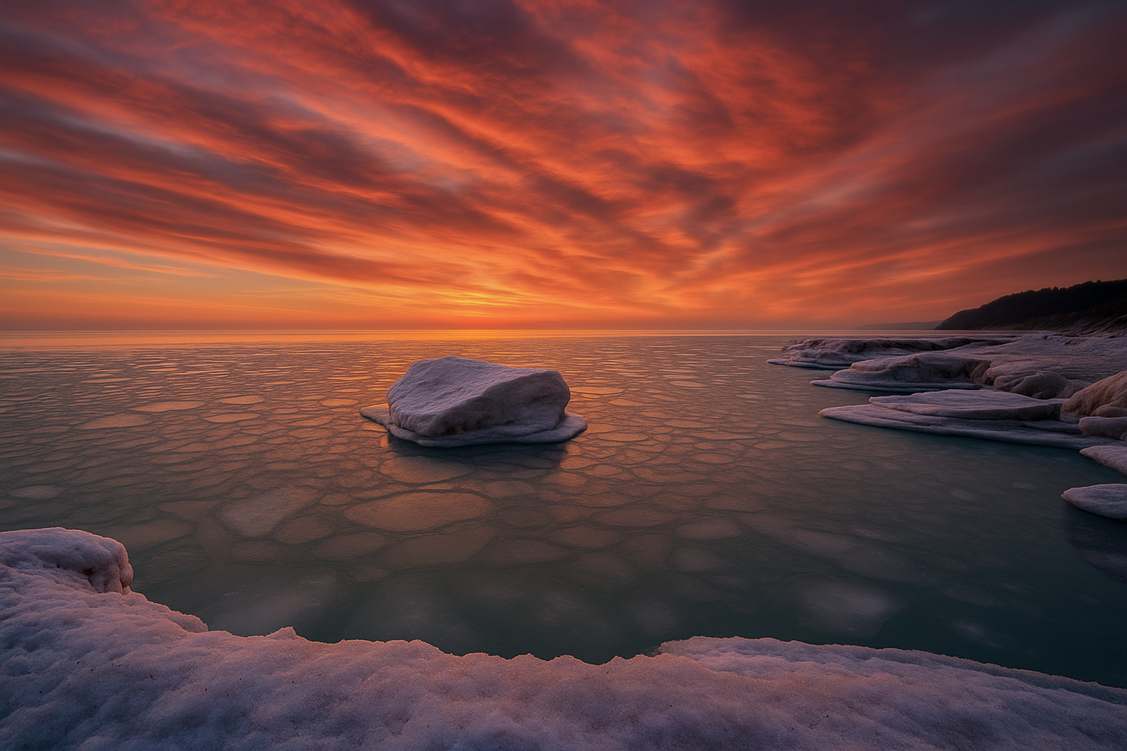A jagged ice monolith anchored in a field of circular pancake ice and irregular jigsaw-shaped fragments under a heavy, burnt copper sunrise on a Great Lake.