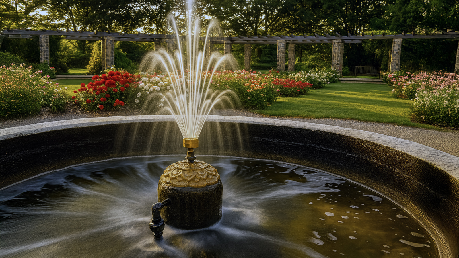 A garden fountain with roses at the base, water arcing upward before falling back into the stone basin