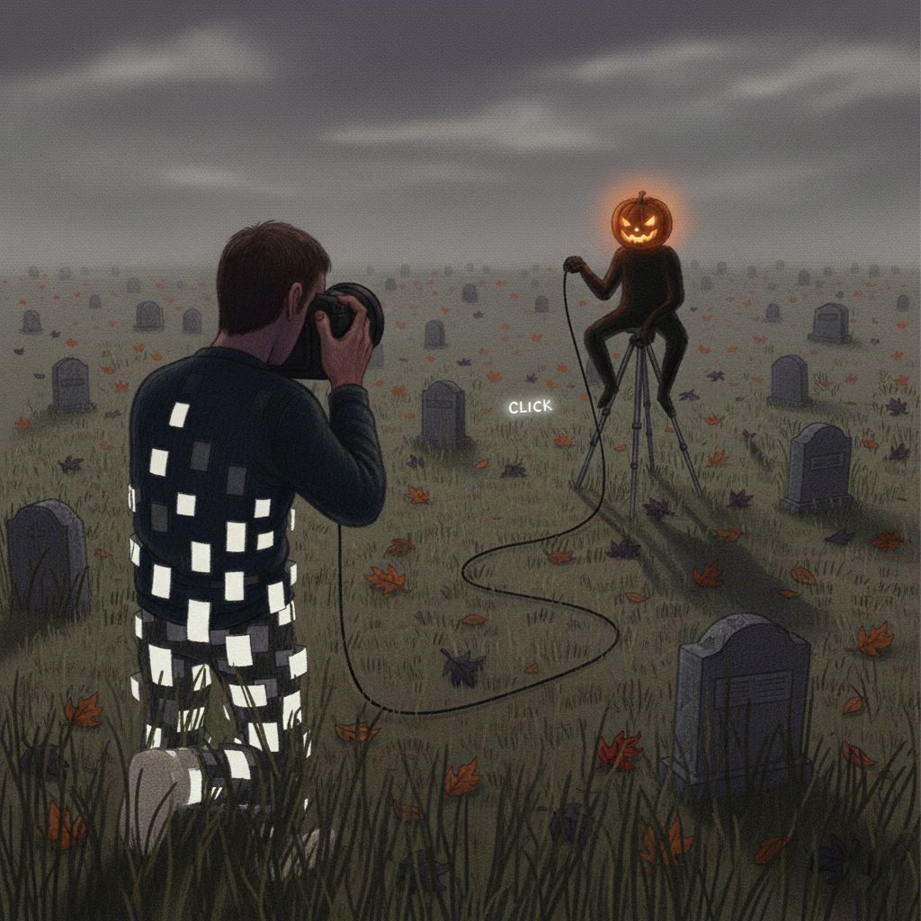 A somber, charcoal-style scene in a cemetery where a figure in a pumpkin mask holds a shutter cable snaking toward the viewer's transparent boots