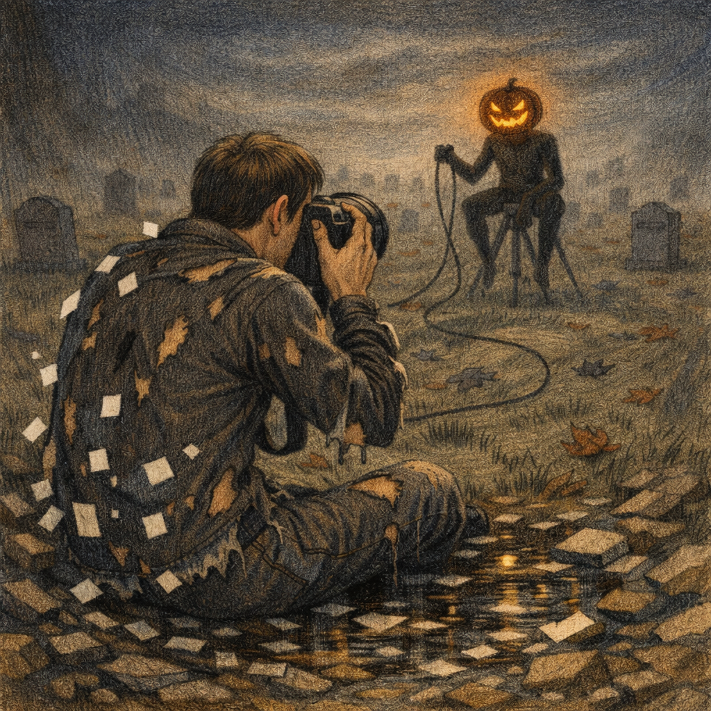 A charcoal-style scene showing a bare arm and a jacket fraying into digital threads against a dark gray cemetery sky