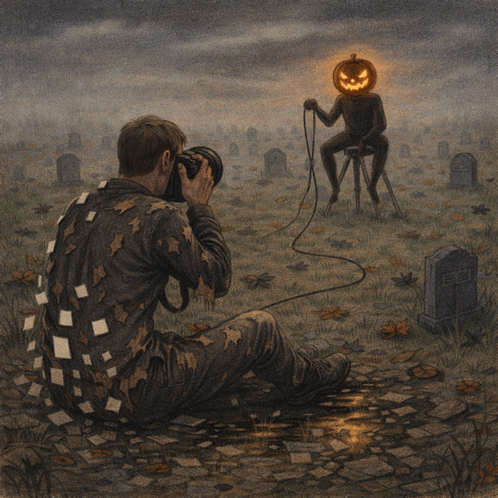 A somber, charcoal-style scene in a cemetery where a figure in a pumpkin mask holds a shutter cable snaking toward the viewer's transparent boots