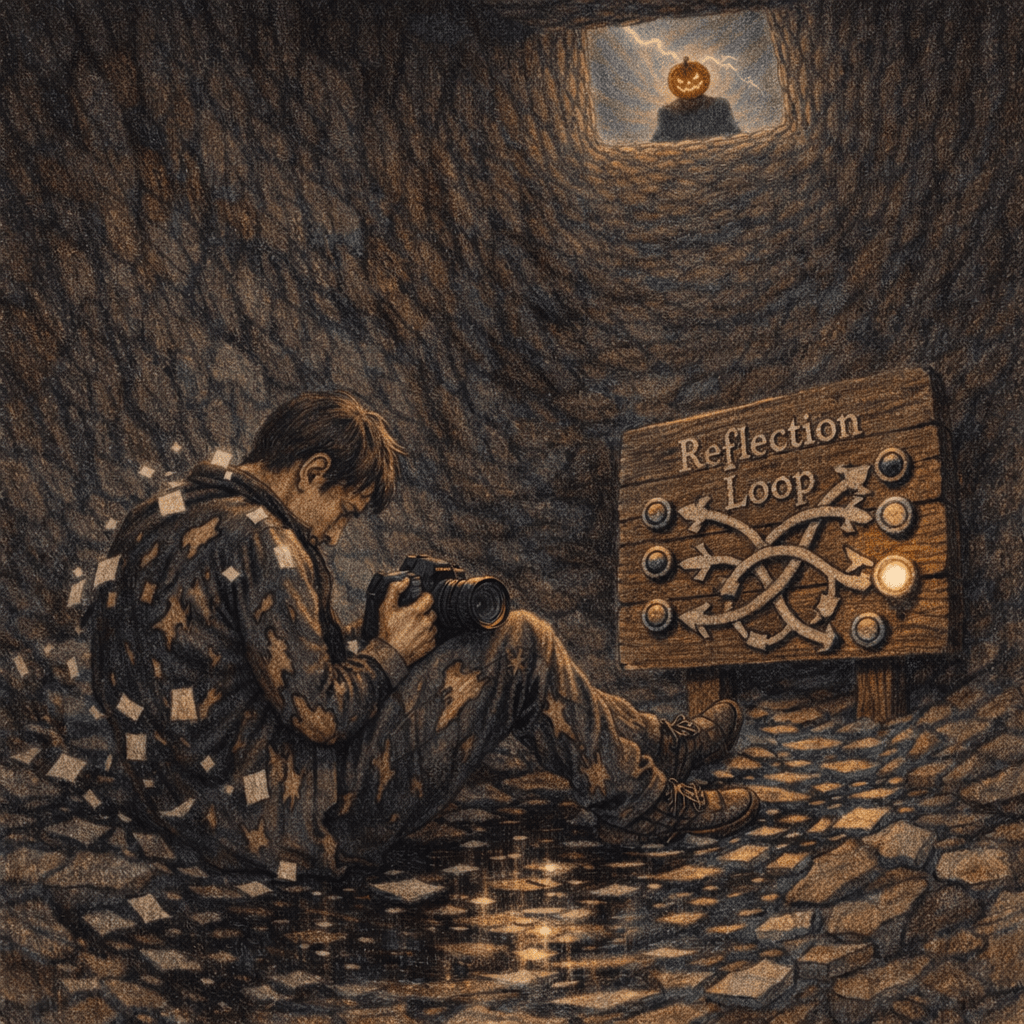 A human man lying at the bottom of a dark dirt shaft, surrounded by broken mirror shards melting into liquid. A wooden sign labeled Reflection Loop with multiple arrows and a glowing button stands beside him. Far above, at the rectangular opening of the pit, a figure with a glowing pumpkin head peers down under a stormy sky.