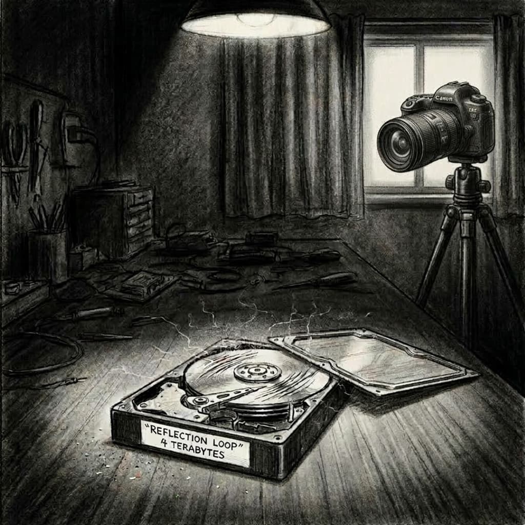 A gritty, high-contrast noir scene in a dark room; a disassembled 4TB hard drive labeled 'Reflection Loop' sits on a table with scarred platters next to a camera mounted on a tripod.