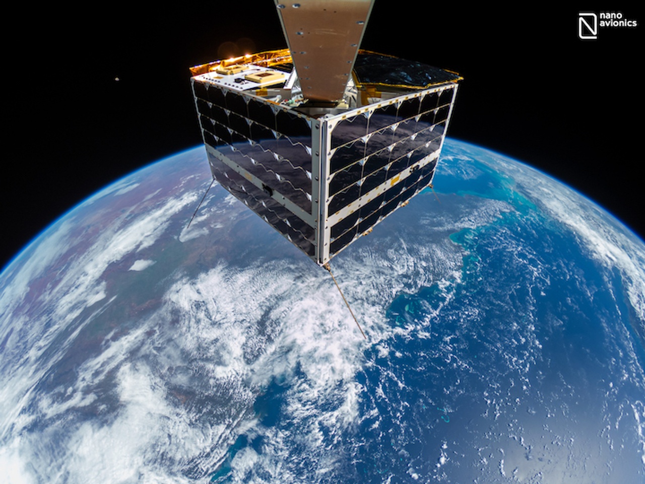 Nanosatellite selfie in orbit, ultra-small spacecraft
