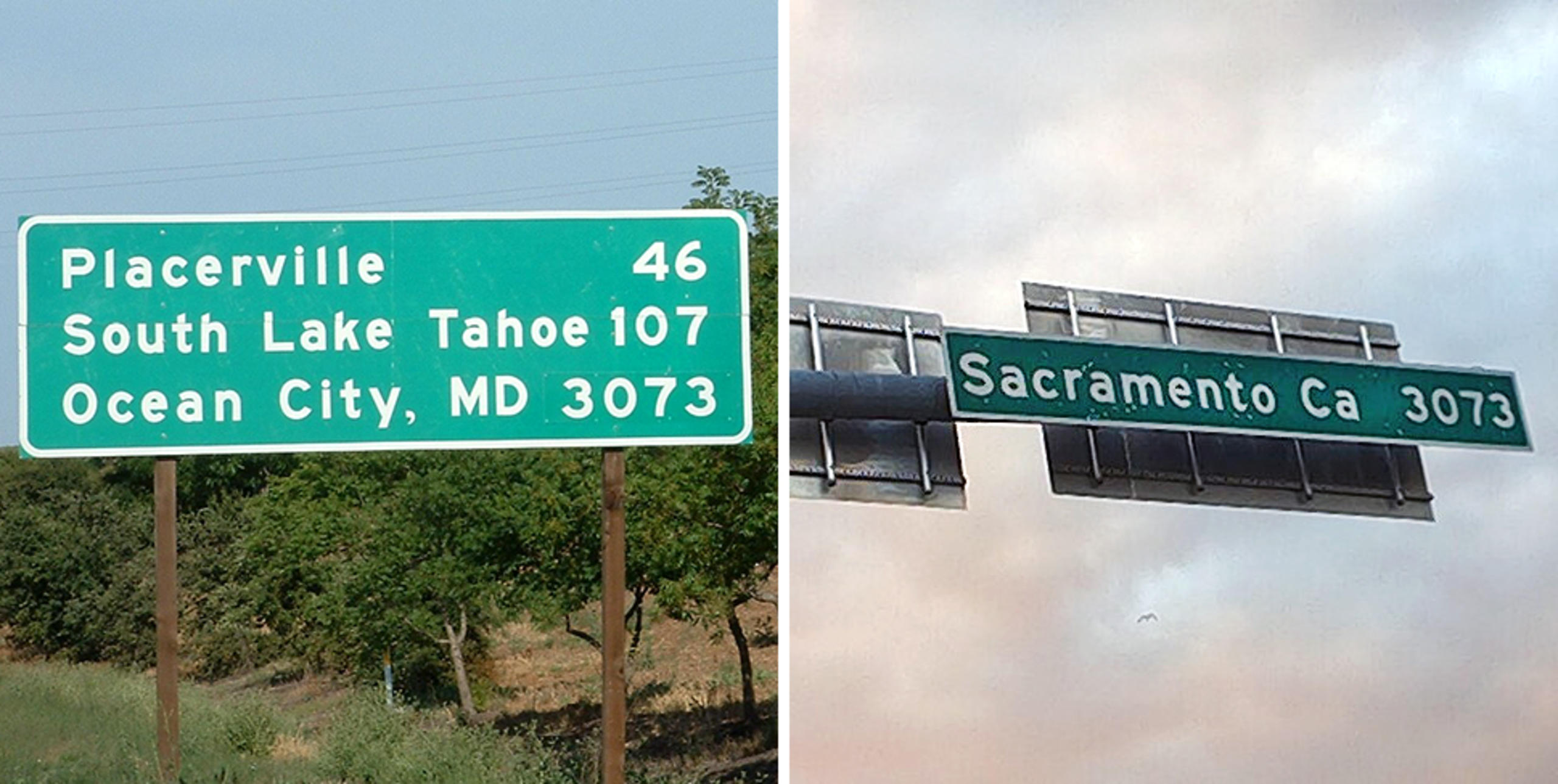 Highway signs in Sacramento and Ocean City, Md., show their mileage