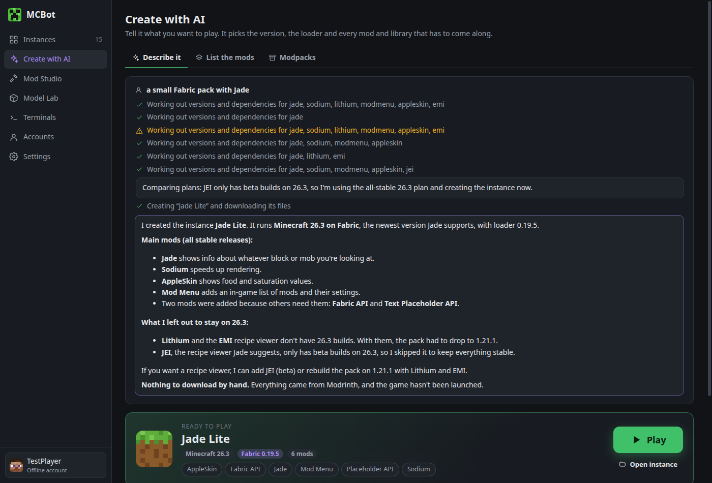Create with AI: a description becomes a ready-to-play instance