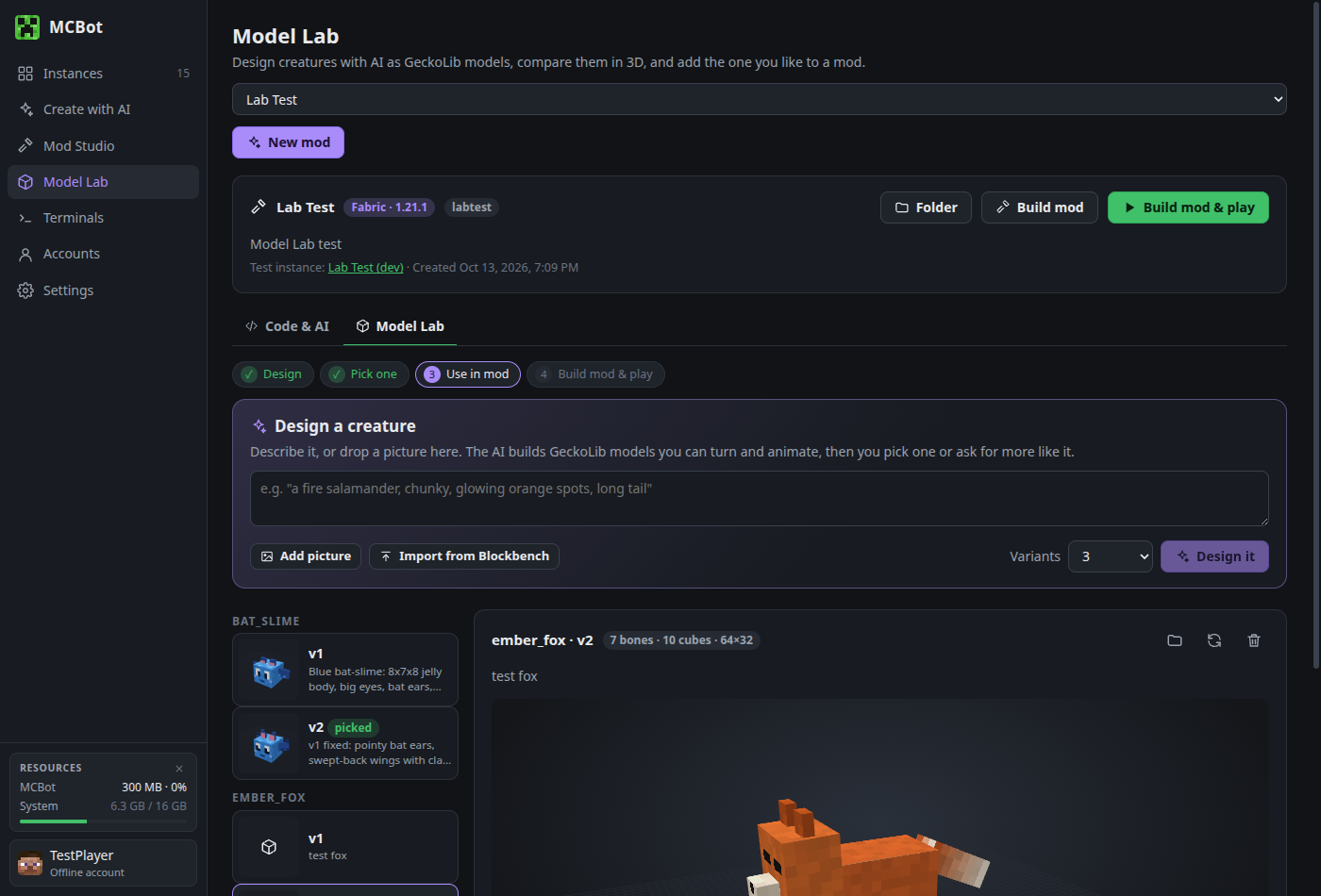 Model Lab with a 3D creature preview