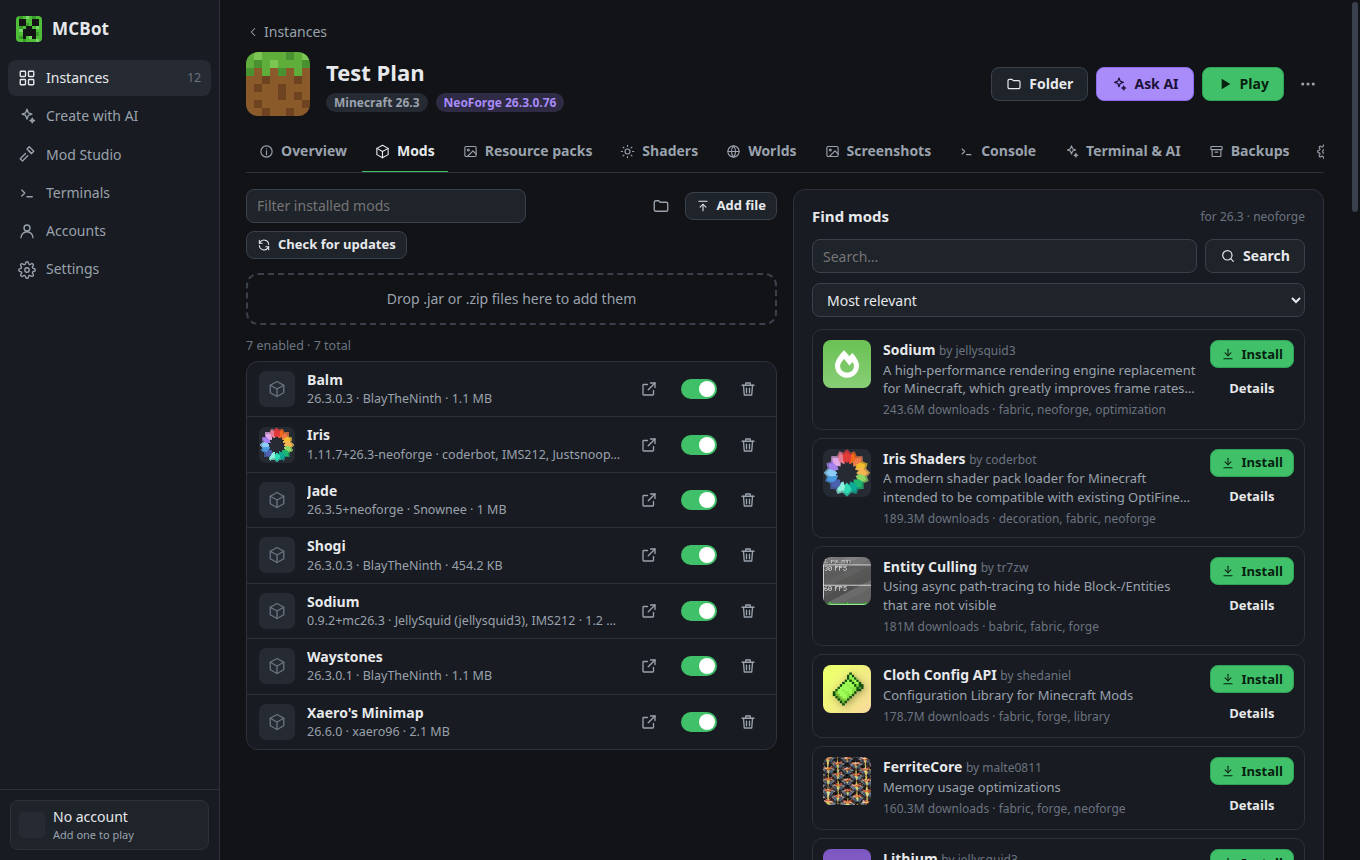 Mods tab with installed mods and a Modrinth browser