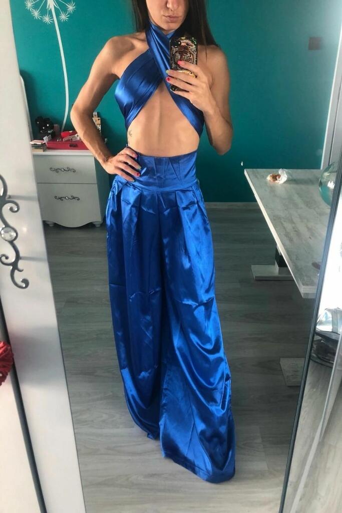 Pink Halter Wrap Top And Palazzo Satin Pants Set