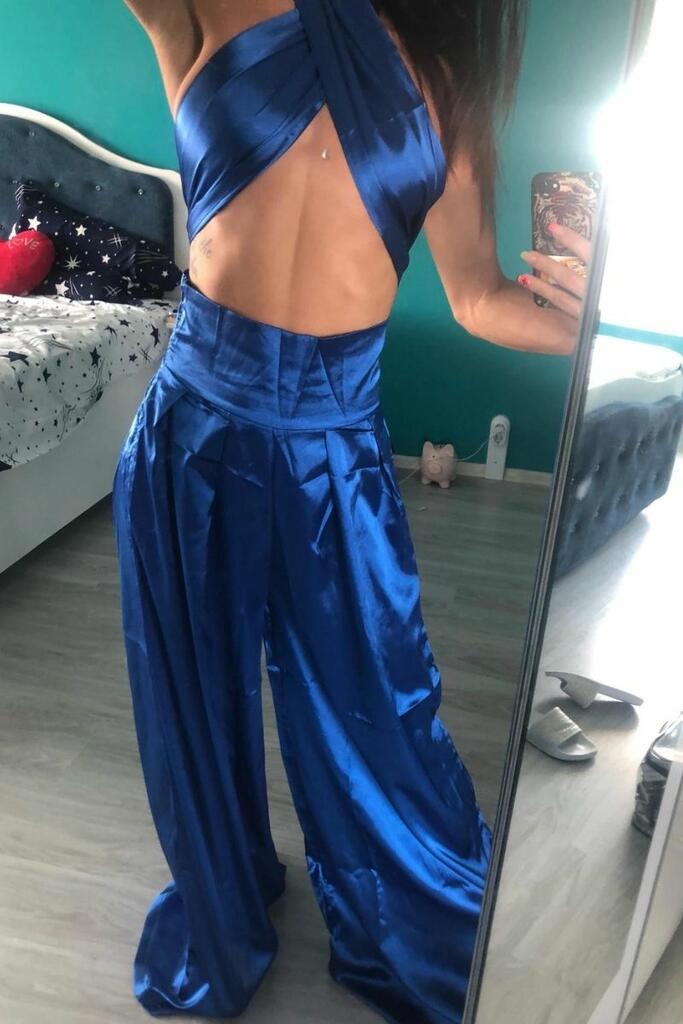 Black Halter Wrap Top And Palazzo Satin Pants Set