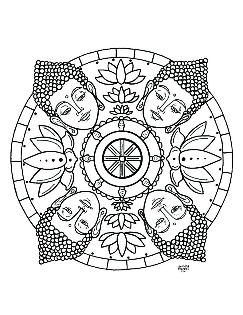 Black and white illustration of a mandala with lotus flowers and Buddha heads