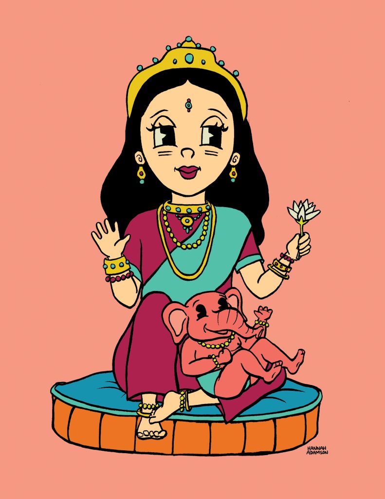An illustration of a female Hindu deity sitting on an orange and blue cushion with a small, pink elephant-like creature in her lap. She has both hands raised, holding a white flower in one.