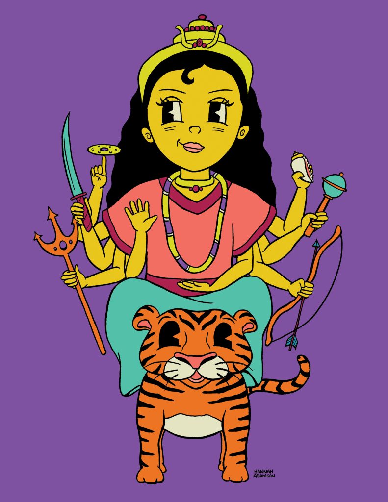 A colorful illustration of a yellow female Hindu deity with long black hair and eight arms,six of her hands holding various objects and weapons. She is sitting on top of a tiger.
