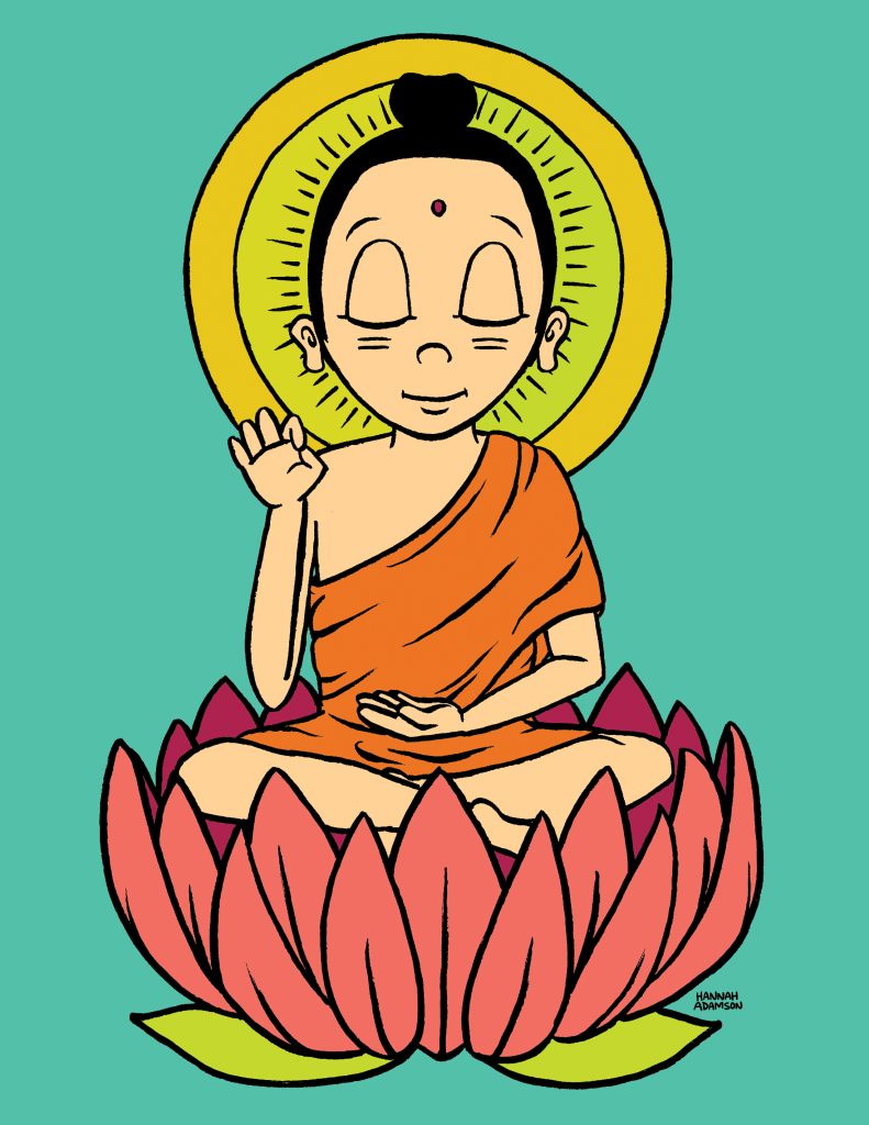 A colorful illustration of Buddha sitting crossed-legged in a large pink lotus flower. His eyes are closed, one arm is resting in his lap and the other is raised. There is a yellowish green circular aura around his head.