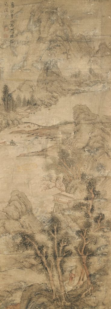 Photograph of a large hanging scroll from Korea. The painting is of a monochromatic landscape with hues of light to dark gray with a hint of brown for a group of trees in the foreground. The middleground of the painting consists of a body of water that looks like a river and mist. The background is a tall, dominating mountain.