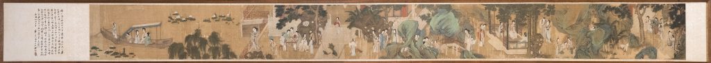 Photograph showing a long, narrow scroll with illustrations showing various scenes with people and trees against a tan background.