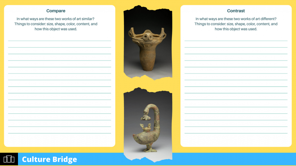 Graphic showing notebook-like paper and two images of sculptures and the text "Compare" and "Contrast"