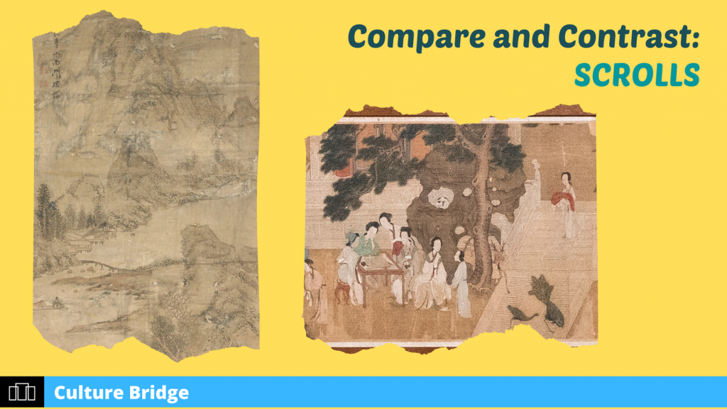 Graphic with two images showing two different works of art and text that reads "Compare and contrast: Scrolls"