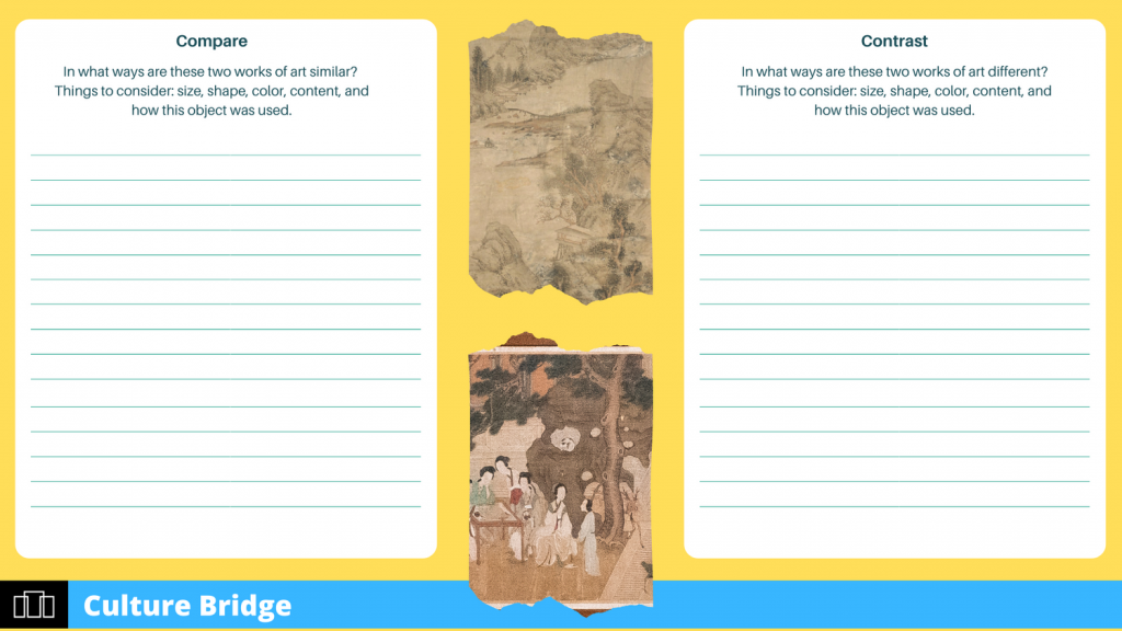 Graphic showing notebook-like paper and two images showing different works of art and the text "Compare" and "Contrast"