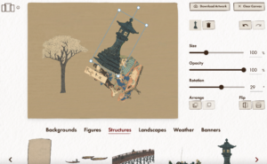 screen capture with various Japanese objects moving across a digital screen