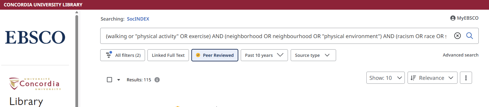 SOCINDEX search: (walking or "physical activity" OR exercise) AND (neighborhood OR neighbourhood OR "physical environment") AND (racism OR race OR socioeconomic OR ethnic*)