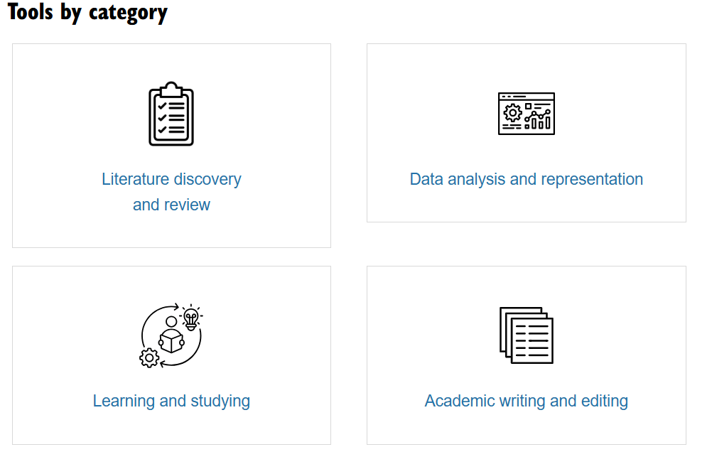 screenshot of icons for Tools by Category: Literature discovery and review, Data analysis and representation, Learning and studying, Writing and editing., with red frames highlighting Literature discovery and review and Writing and editing