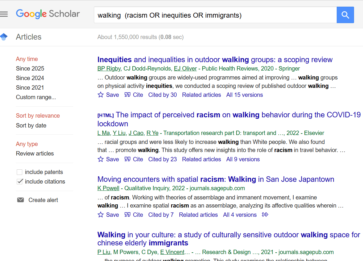 Google scholar search: walking (racism OR inequities OR immigrants)