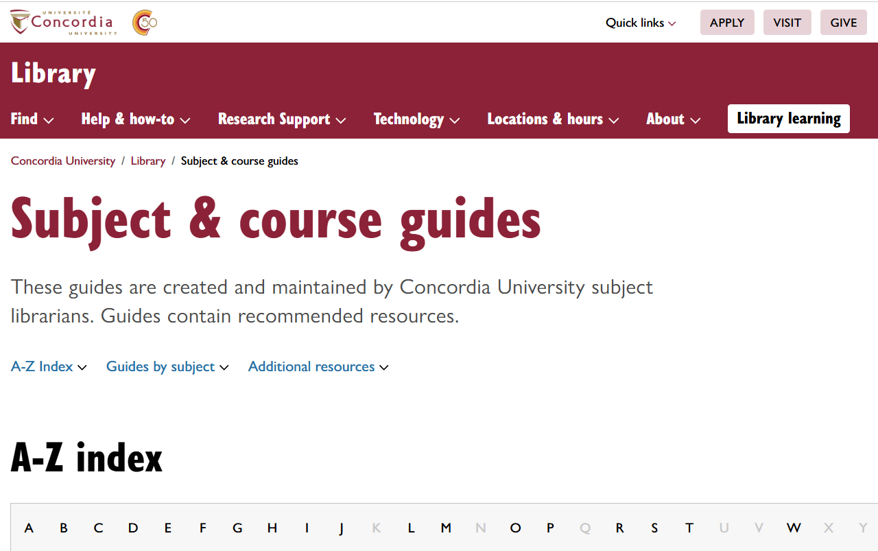 Concordia Library Subject & course guides main page, with options: A-Z index, Guides by subject, Additional resources
