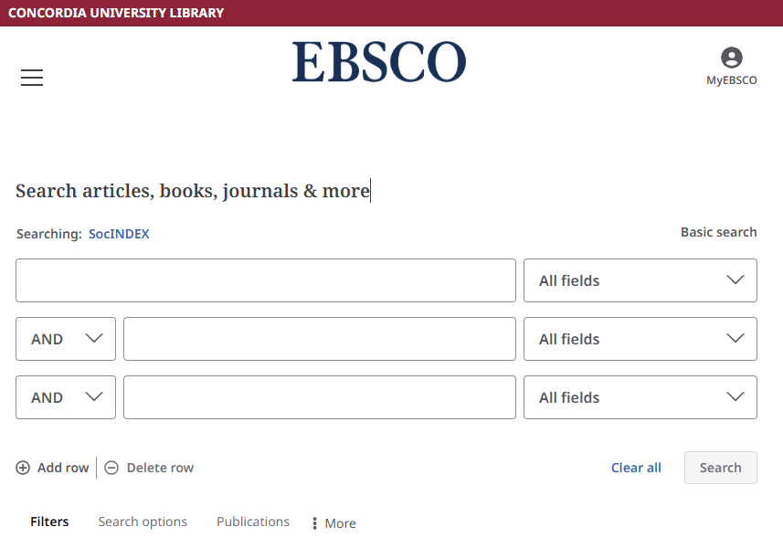 socindex advanced search screen with the platform name "EBSCO" in large font at the top of the screen and an arrow poiting to the words: Searching:socindex