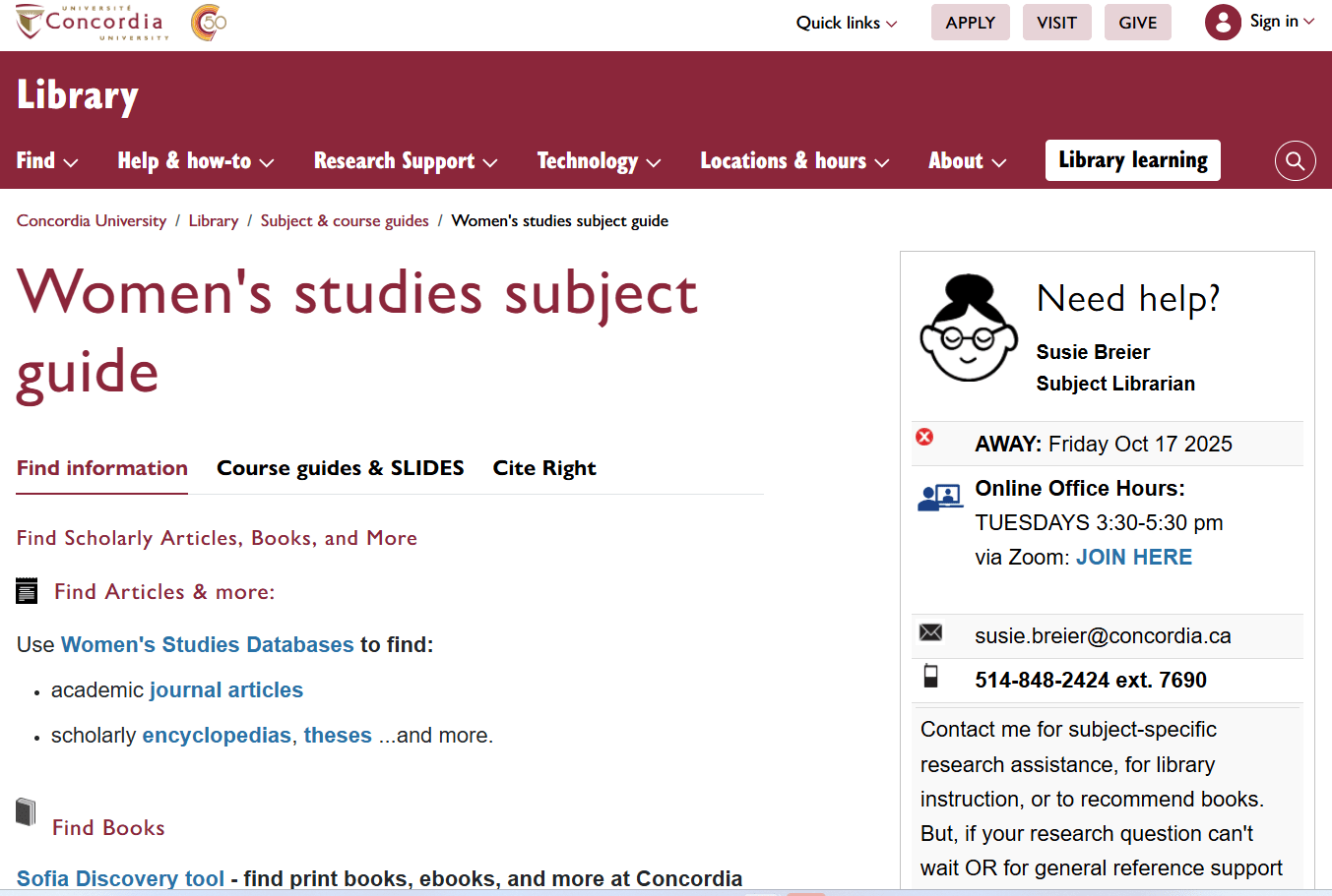women's studoes subject guide main page, with "Course gudes & SLIDES" tab highlighted with a green box