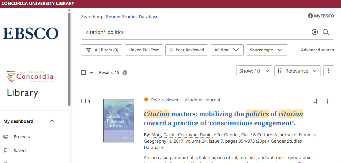EBSCO search screen, Searching: Gender Studies Database., keywords entered in the search box: citation* politics