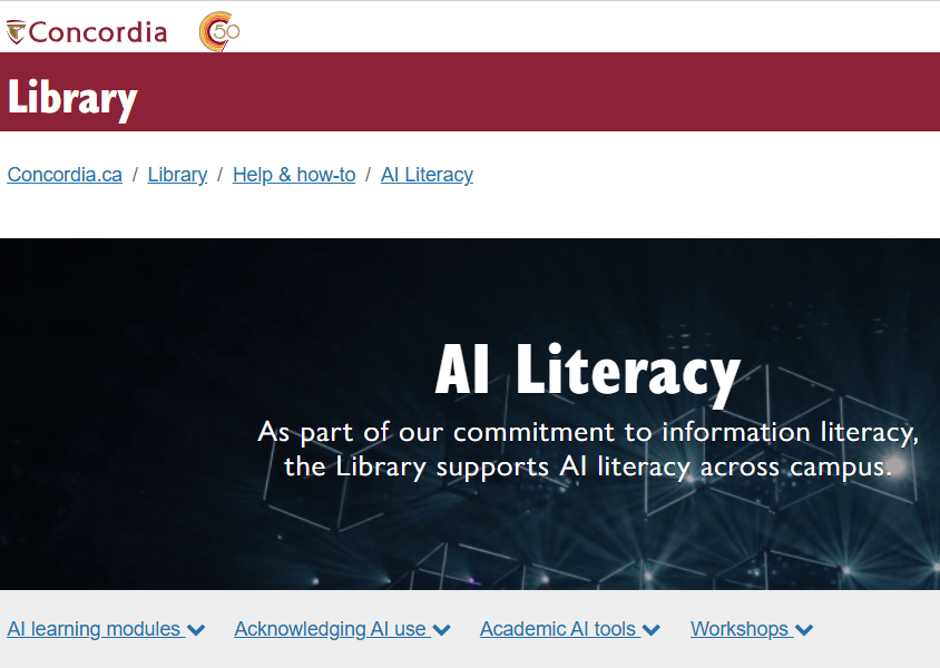 AI Literacy main page with subheadings: AI learning modules - Acknowledging AI use - Academic AI tools - Workshops
